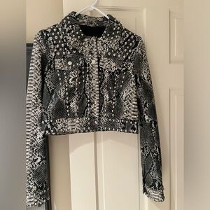 Snakeskin cropped leather jacket with stud detail
